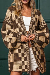 Checkered Open Front Long Sleeve Cardigan - Trendsi