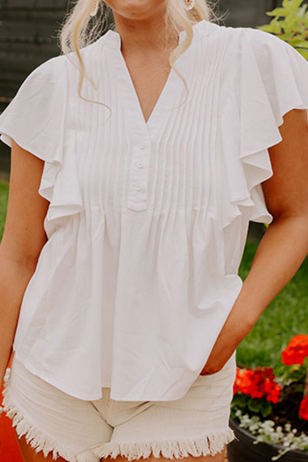 Pleated V-Neck Cap Sleeve Blouse - Flyclothing LLC