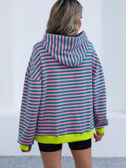 Drawstring Striped Long Sleeve Hoodie - Trendsi