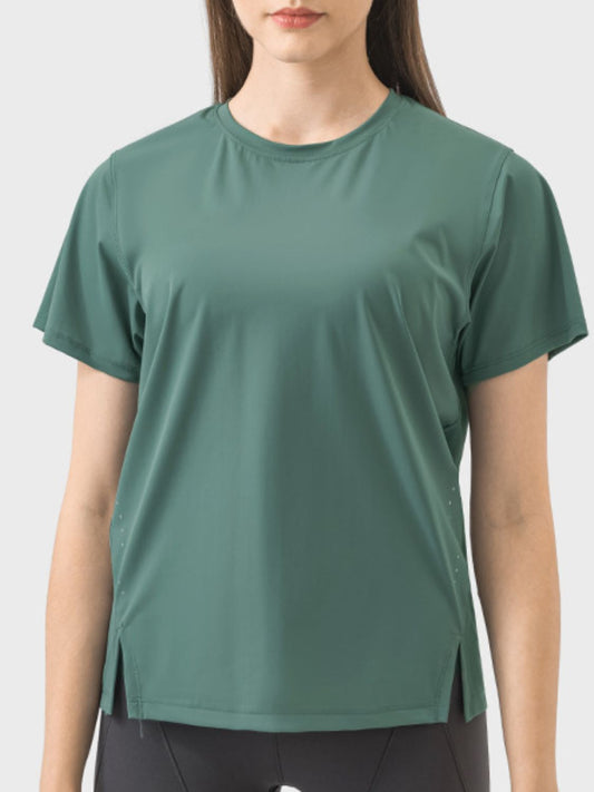 Slit Round Neck Short Sleeve Active T-Shirt Trendsi