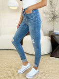 Judy Blue Full Size Mid Rise Destroy & Cuff Skinny Jeans - Trendsi