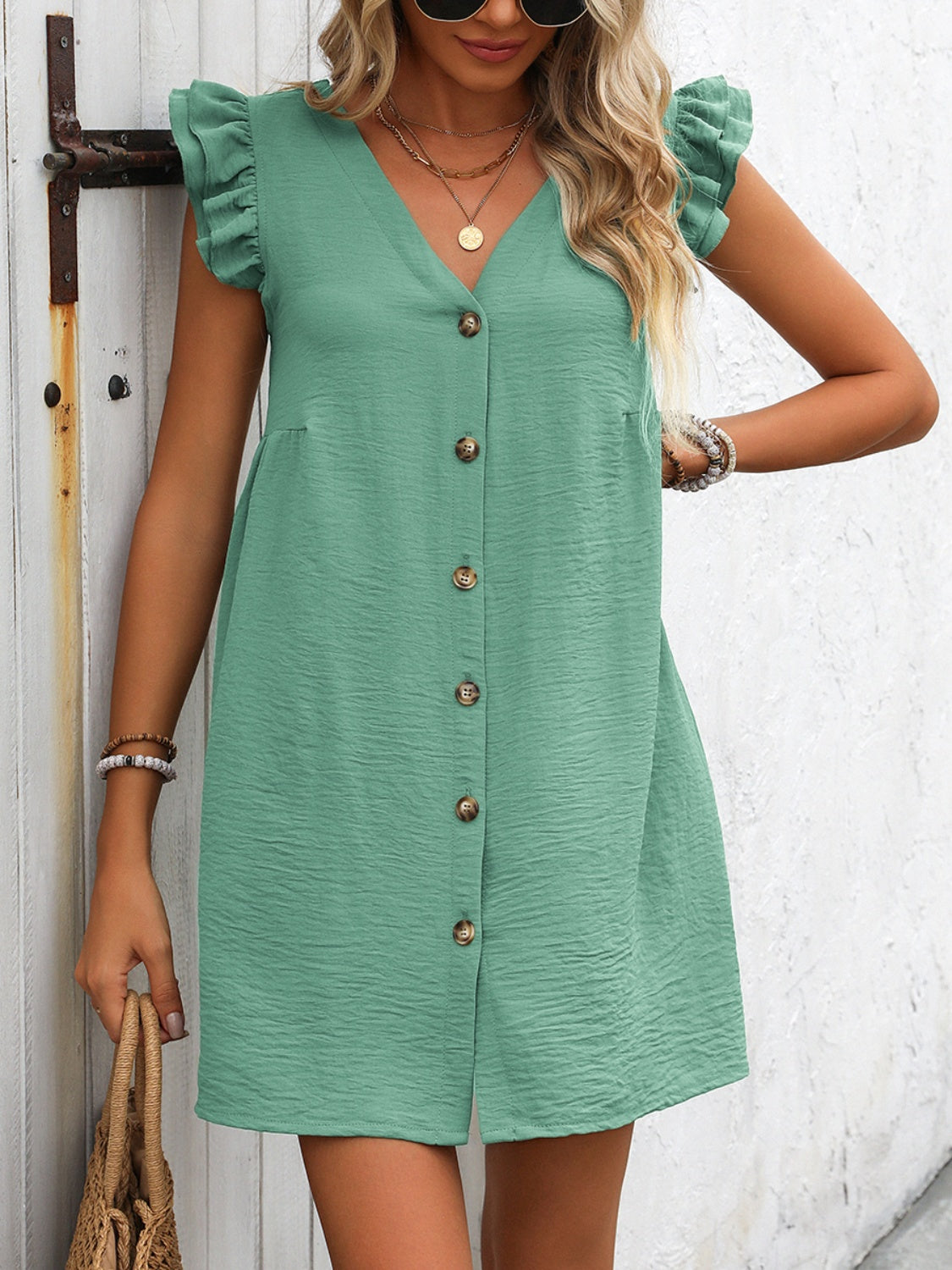 Button Up V-Neck Cap Sleeve Mini Dress Trendsi