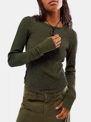 Exposed Seam Round Neck Long Sleeve T-Shirt - Trendsi