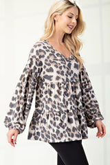 Celeste Full Size Leopard V-Neck Balloon Sleeve Blouse - Trendsi