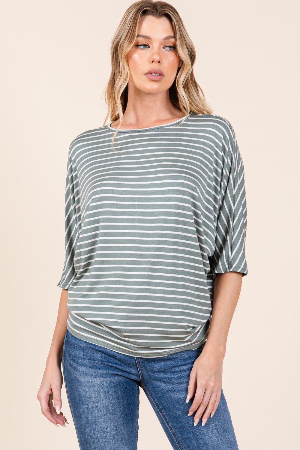 BOMBOM Striped Boat Neck Dolman Sleeve Top - Trendsi