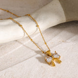 Stainless Steel Inlaid Zircon Bow Necklace