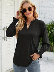 Full Size Notched Long Sleeve T-Shirt - Trendsi