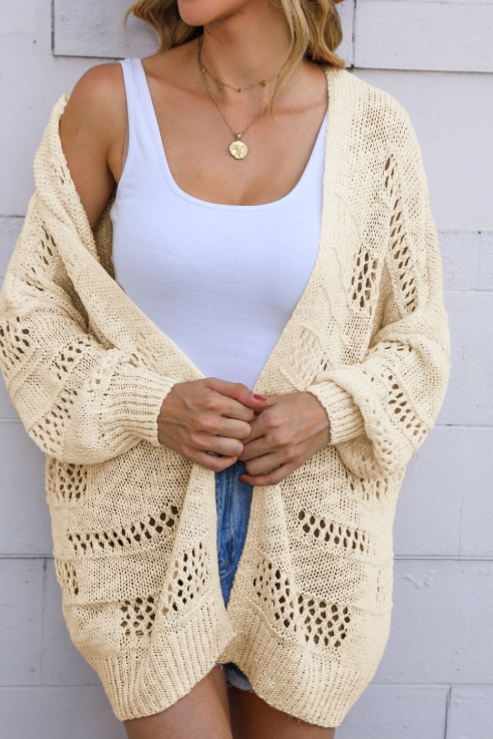 Openwork Open Front Long Sleeve Cardigan - Trendsi