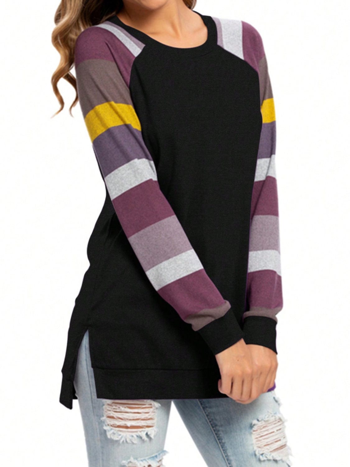 Color Block Round Neck Long Sleeve T-Shirt - Trendsi