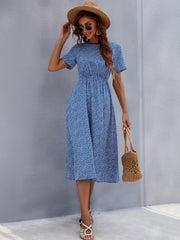 Printed Round Neck Short Sleeve Midi Dress