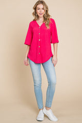 BOMBOM Texture Decorative Button V-Neck Top - Trendsi