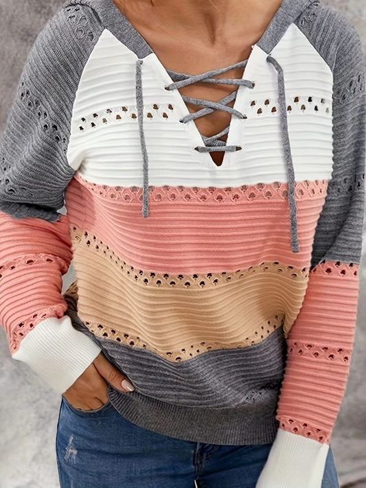 Lace-Up Contrast Long Sleeve Hooded Sweater - Trendsi