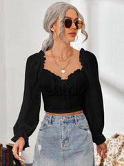 Mesh Sweetheart Neck Flounce Sleeve Top - Trendsi