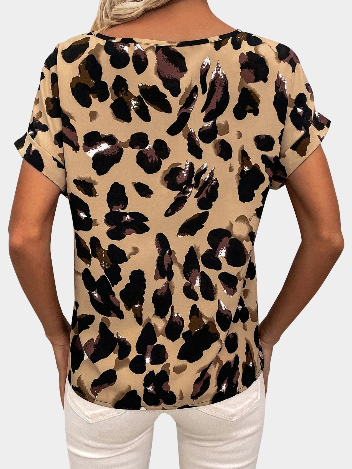 Printed V-Neck Short Sleeve Blouse - Flyclothing LLC