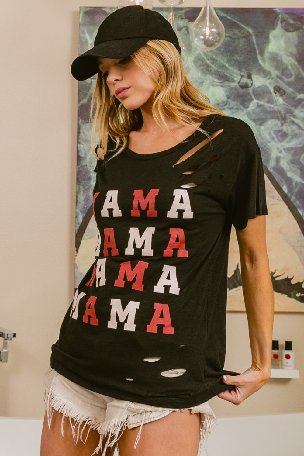 BiBi MAMA Graphic Distressed Short Sleeve T-Shirt - Flyclothing LLC