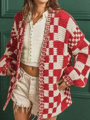 Checkered Open Front Long Sleeve Cardigan - Trendsi