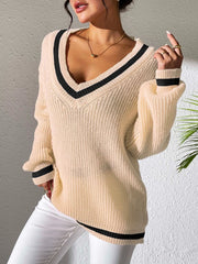 Contrast Trim V-Neck Long Sleeve Sweater - Trendsi