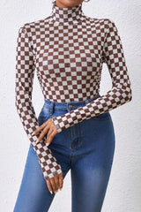 Checkered Turtleneck Long Sleeve Bodysuit - Trendsi