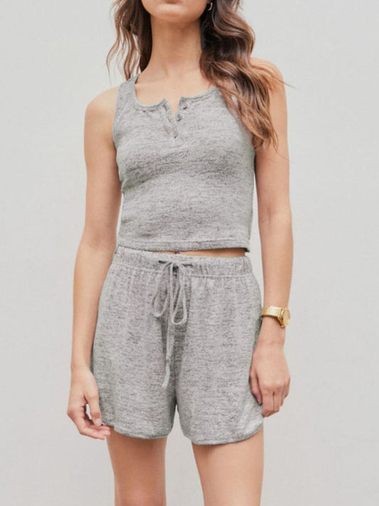 Quarter Button Sleeveless Top and Drawstring Shorts Lounge Set Trendsi