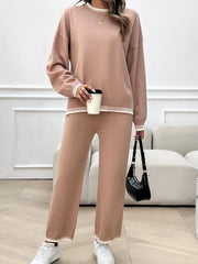 Round Neck Dropped Shoulder Top and Pants Sweater Set