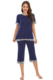 Round Neck Short Sleeve Top and Capris Pants Lounge Set - Flyclothing LLC