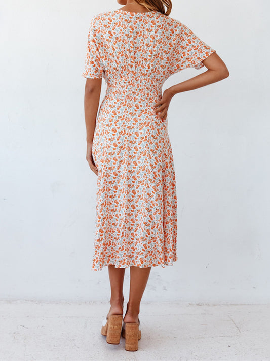 Ditsy Floral V-Neck Short Sleeve Midi Dress Trendsi