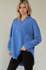 Davi & Dani Letter Back Raw Hem Half Button Shirt - Trendsi