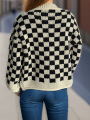 Checkered Button Up Round Neck Cardigan - Trendsi