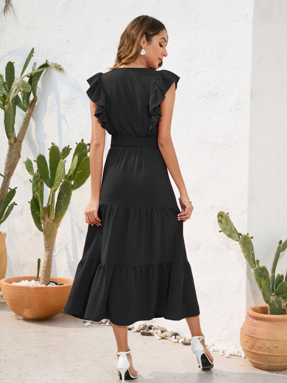 Tiered Ruffled V-Neck Cap Sleeve Dress - Flyclothing LLC