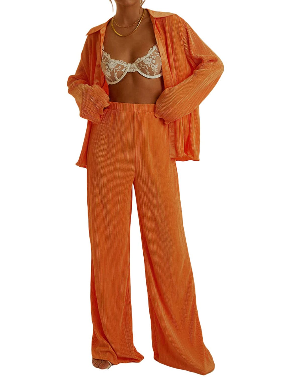 Collared Neck Long Sleeve Top and Pants Lounge Set - Trendsi