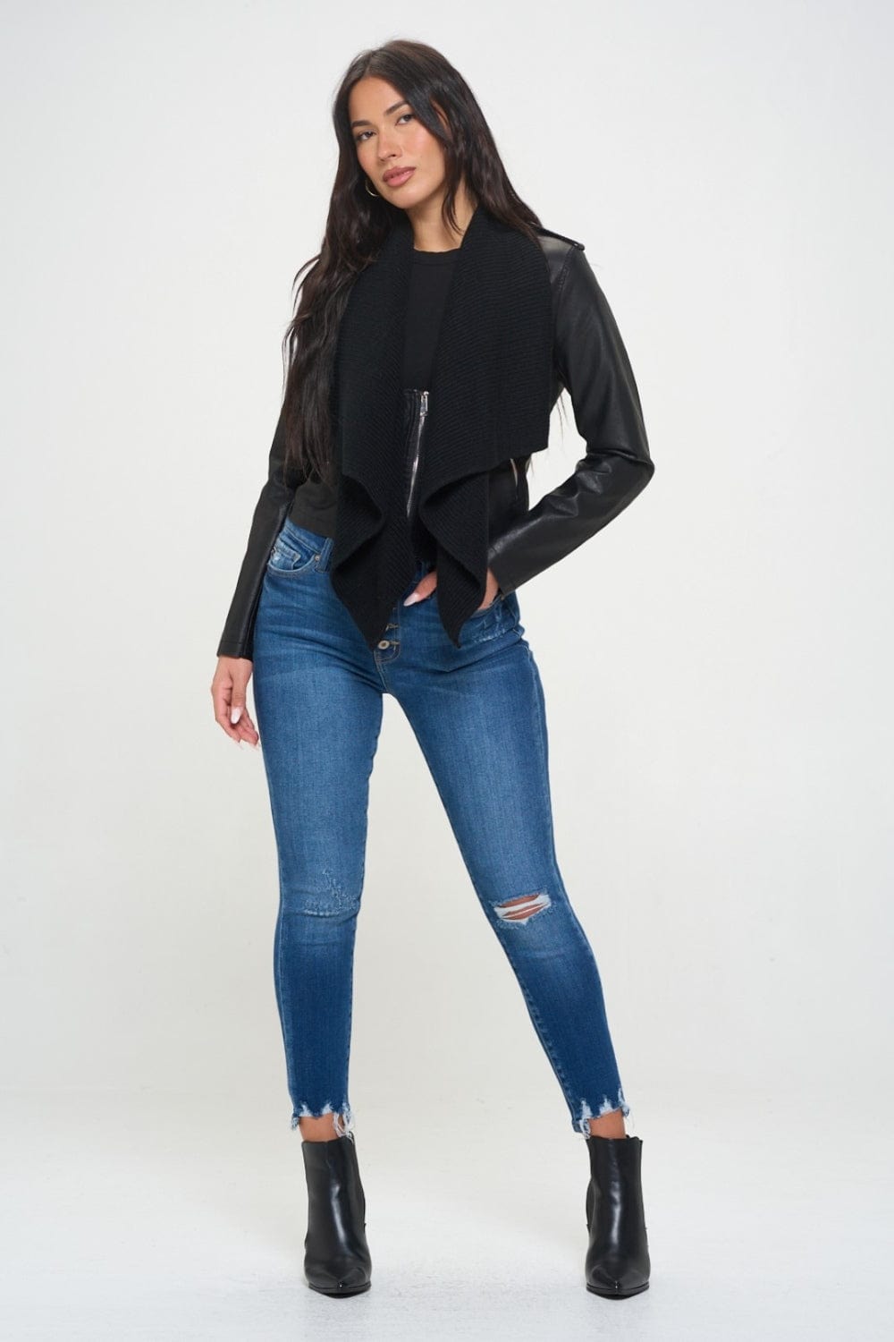 Coalition LA Knit Collared Faux Leather Crop Jacket - Trendsi