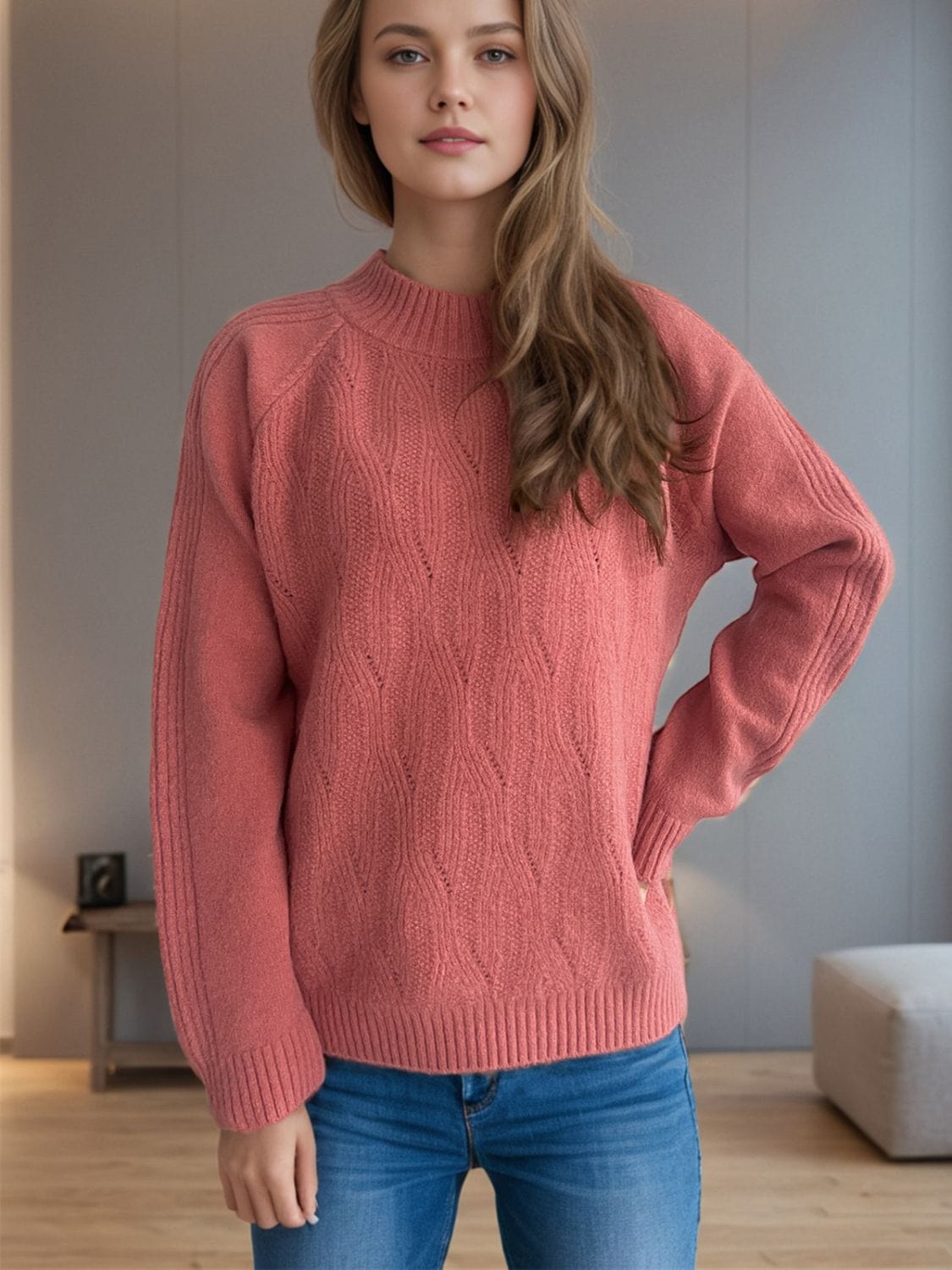 Mock Neck Long Sleeve Sweater - Trendsi