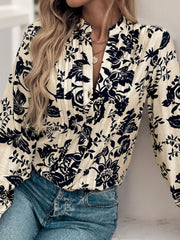 Perfee Printed Notched Long Sleeve Shirt