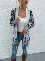 Geometric Fringe Hem Open Front Cardigan - Flyclothing LLC