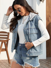 Drawstring Button Up Sleeveless Denim Jacket - Trendsi