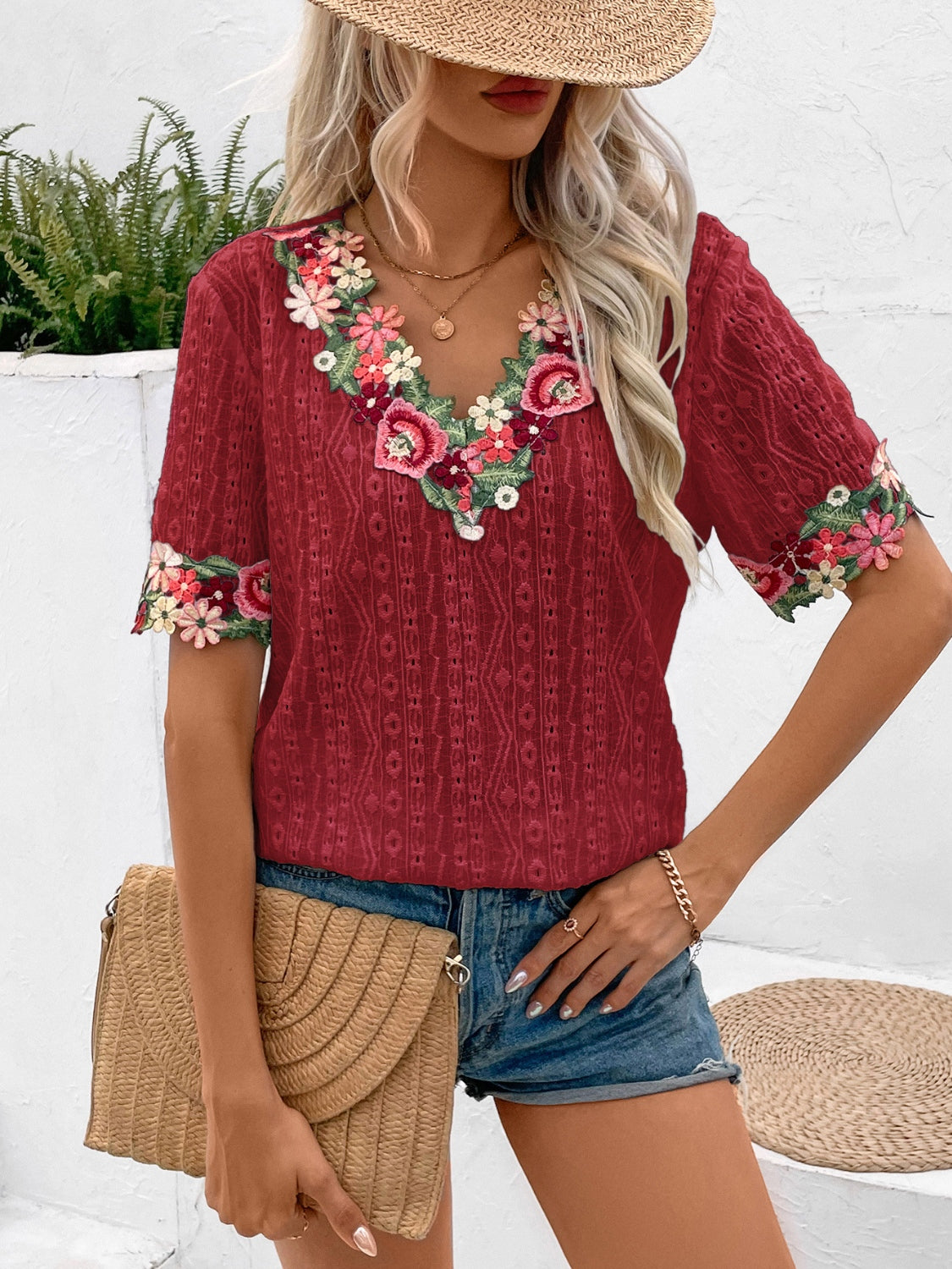 Eyelet Embroidered V-Neck Short Sleeve Blouse Trendsi