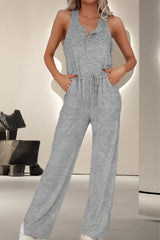 Drawstring Quarter Button Wide Strap Jumpsuit Trendsi