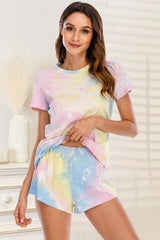 Tie-Dye Round Neck Short Sleeve Top and Shorts Lounge Set Trendsi