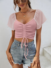 Drawstring Short Sleeve Crop Top - Trendsi