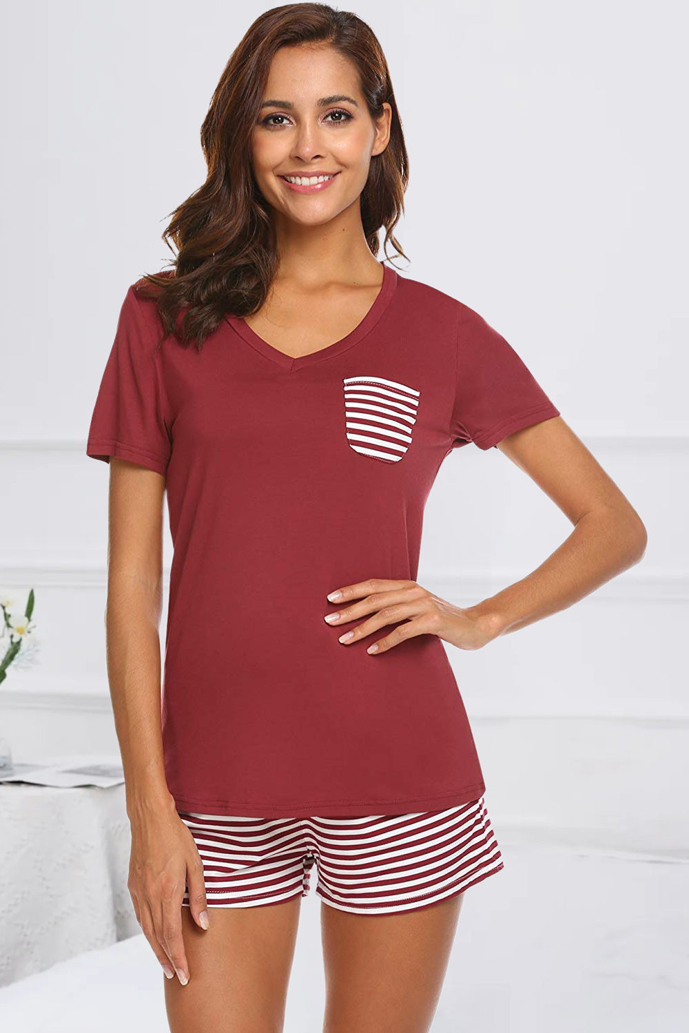 Striped Short Sleeve Top and Shorts Lounge Set - Flyclothing LLC