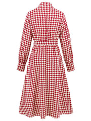 Tied Houndstooth Long Sleeve Midi Dress