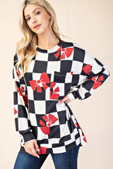 Celeste Full Size Checkered Bow Print Round Neck T-Shirt - Trendsi