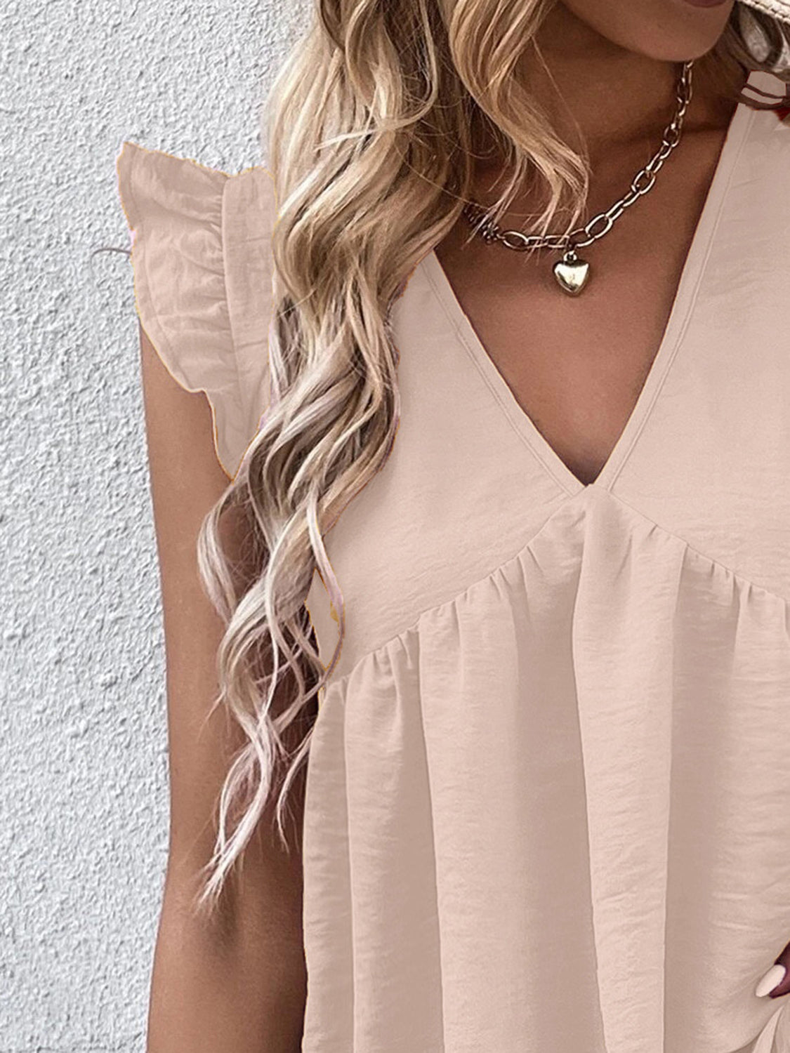 Ruffled V-Neck Cap Sleeve Blouse - Flyclothing LLC