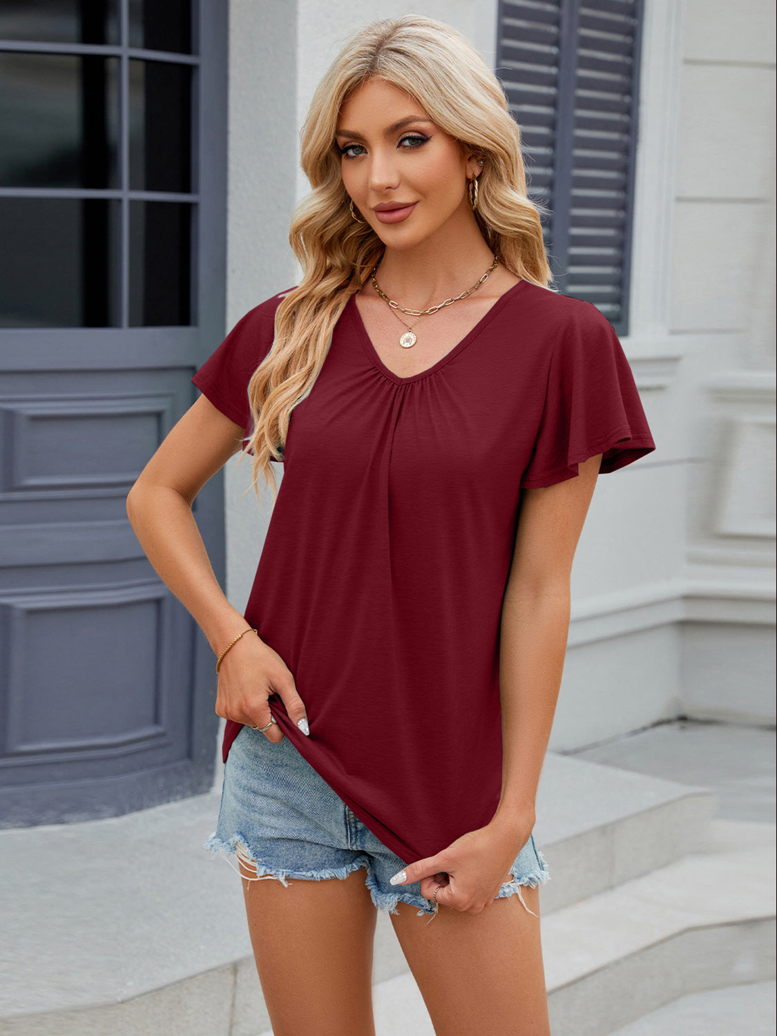 Ruched V-Neck Short Sleeve T-Shirt - Flyclothing LLC