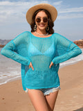 Openwork Slit Boat Neck Long Sleeve Cover-Up - Flyclothing LLC