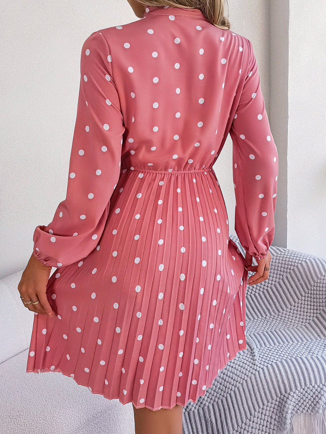 Polka Dot Tie Neck Pleated Dress - Flyclothing LLC