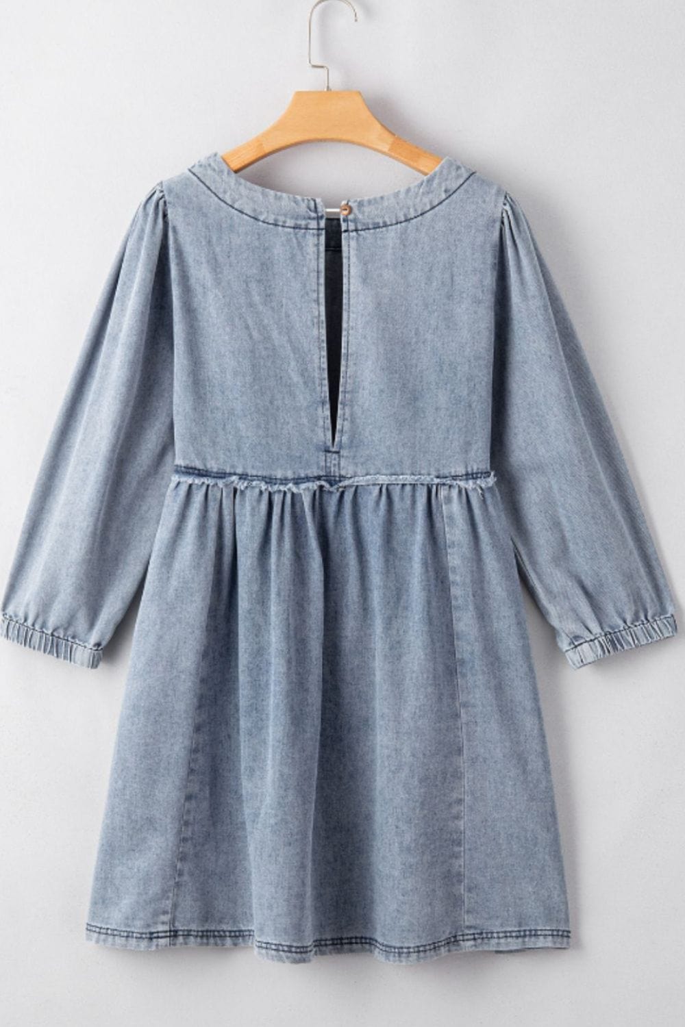 Cutout Round Neck Balloon Sleeve Denim Dress - Trendsi