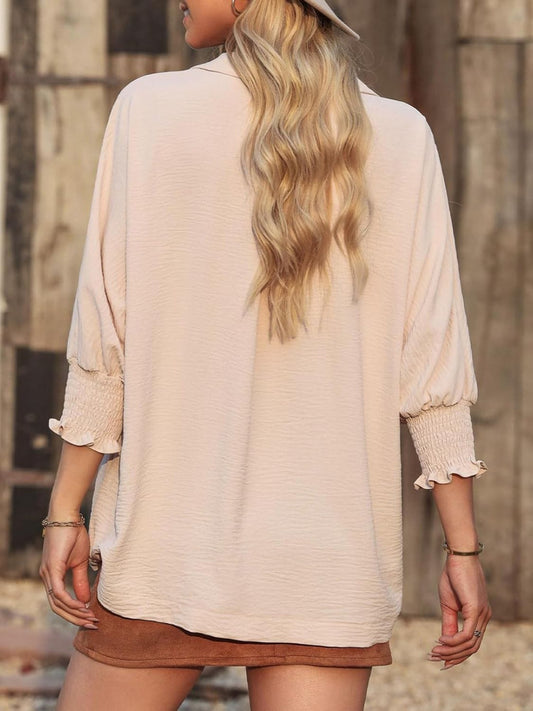 Johnny Collar Three-Quarter Sleeve Blouse - Trendsi