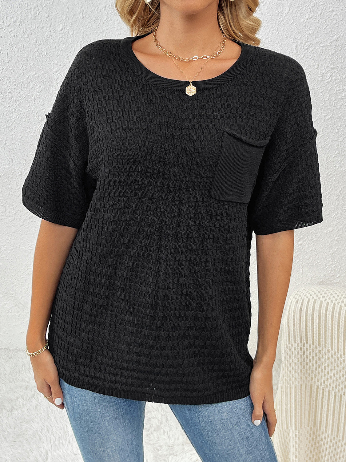 Round Neck Half Sleeve Knit Top - Flyclothing LLC