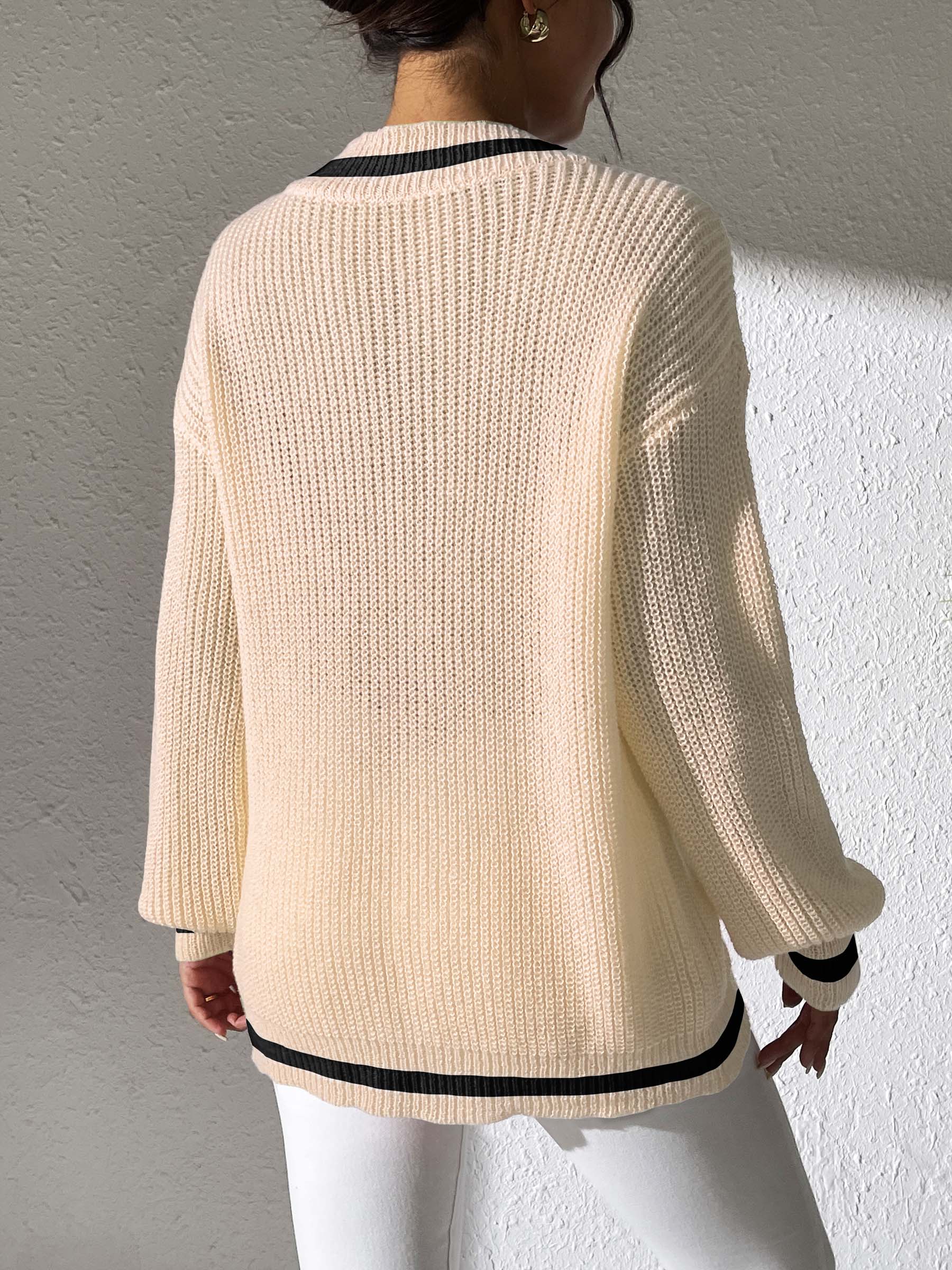 Contrast Trim V-Neck Long Sleeve Sweater - Trendsi